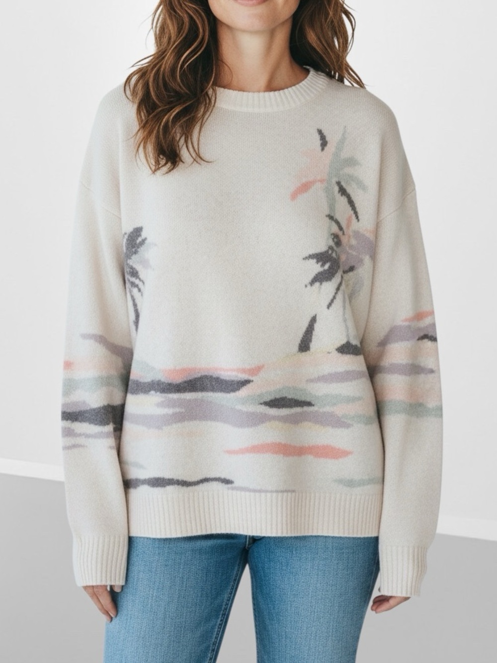 360 CASHMERE Knit Palm Tree Long Sleeve Pullover Cashmere Sweater